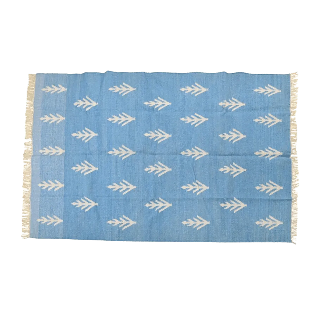 Handwoven White Floral Blue Cotton Rug with Fringes