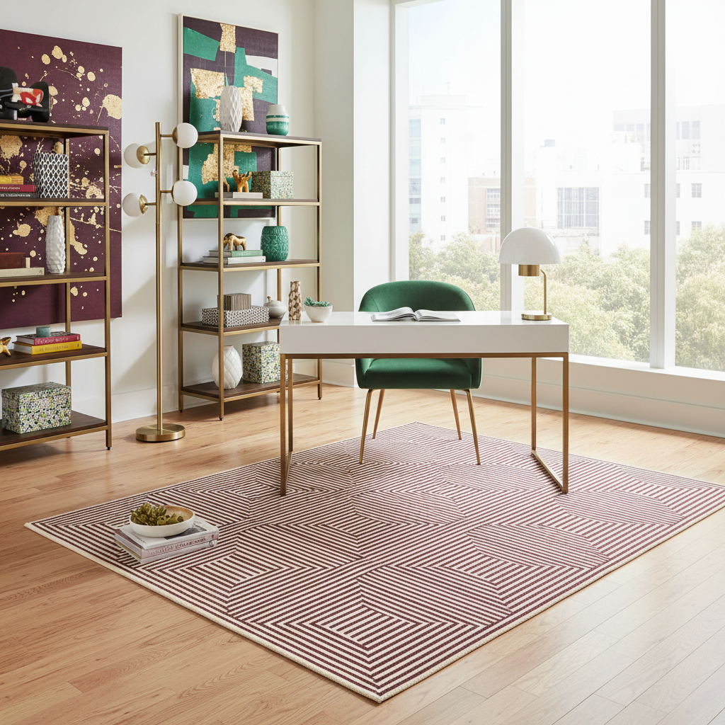 Modern office space with a desk, chair, an abstract wool rug, and bookshelves in a well-lit room.