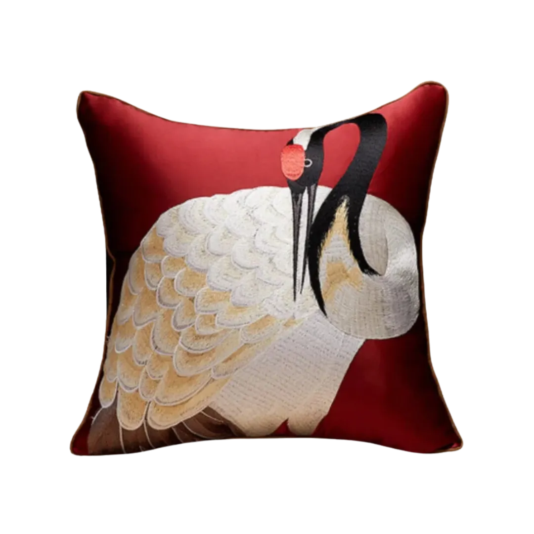 Oriental Crane Embroidered Satin Throw Pillow Cover