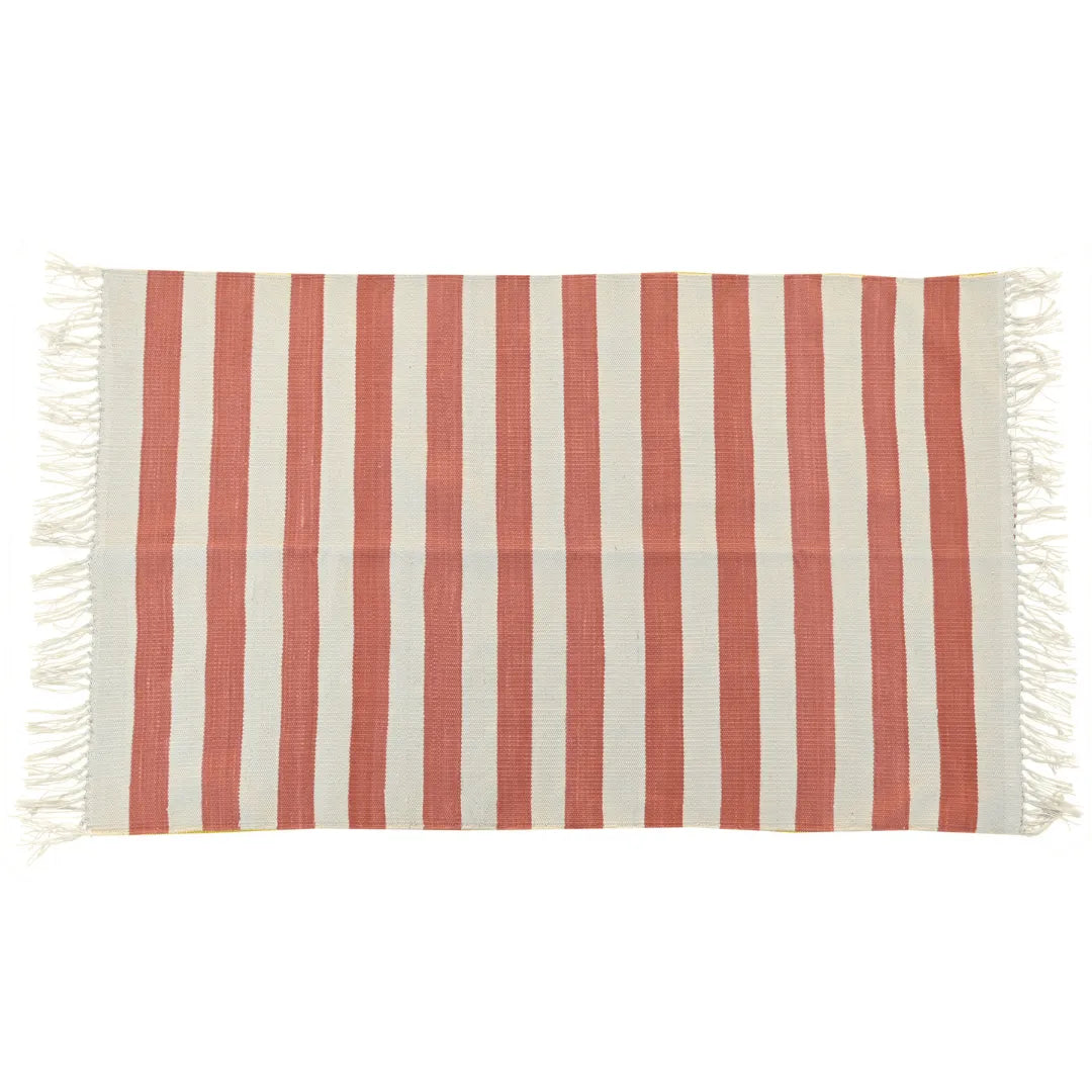 Handwoven Orange and White Stripe Cotton Rug with Fringes