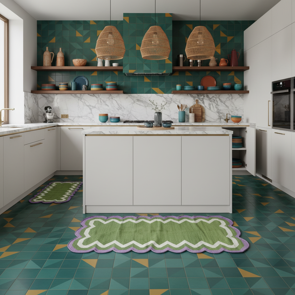 Handmade Scalloped Cotton Area Rug - Purple Green