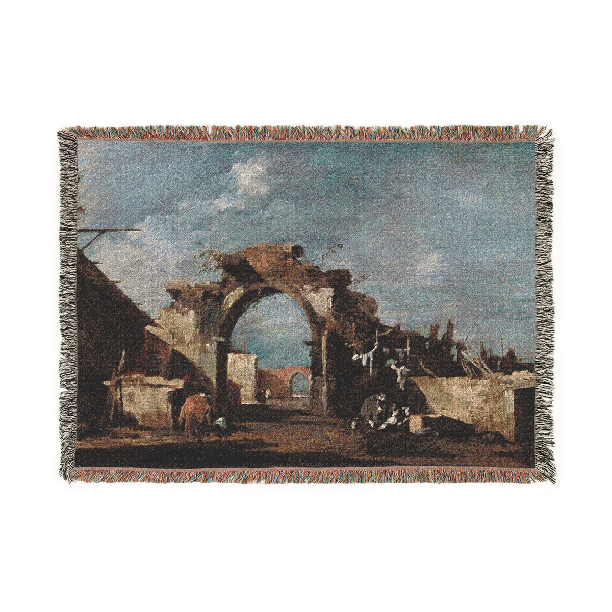 A rectangular woven throw blanket featuring a classical landscape painting of an ancient stone archway, with fringed edges, shown against a plain white background.
