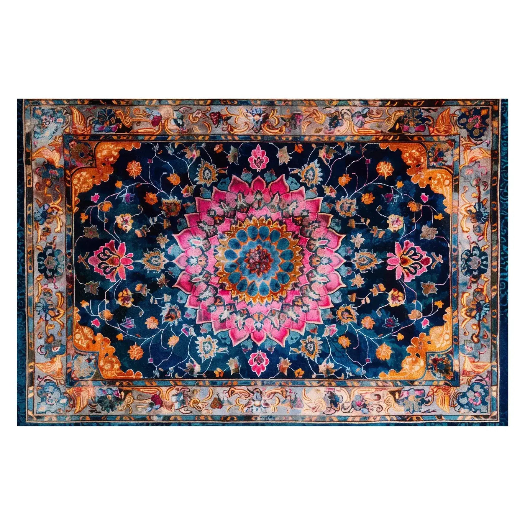 A vibrant Floral Harmony Heritage Hand Tufted Area Rug, showcasing an intricate and colorful design perfect for living rooms and dining rooms. This wool rug features a central medallion with pink and blue floral patterns against a dark background, ideal for adding a touch of elegance to boho or formal dining room settings.
