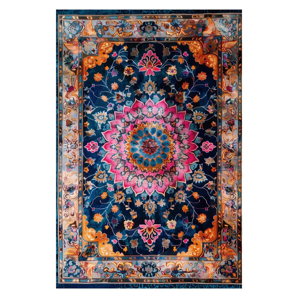 The Floral Harmony Heritage Hand Tufted Area Rug showcases a vibrant and intricate floral pattern with rich blue, pink, and orange hues, perfect for enhancing the elegance of living rooms or formal dining areas. This wool rug embodies a boho aesthetic, ideal for those seeking stylish rugs for living room or dining room settings.