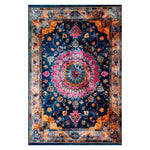 The Floral Harmony Heritage Hand Tufted Area Rug showcases a vibrant and intricate floral pattern with rich blue, pink, and orange hues, perfect for enhancing the elegance of living rooms or formal dining areas. This wool rug embodies a boho aesthetic, ideal for those seeking stylish rugs for living room or dining room settings.