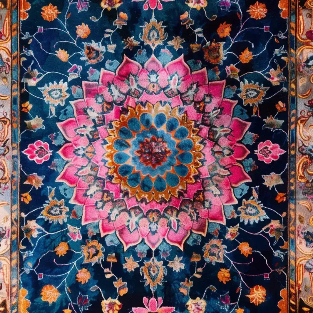 Vibrant floral area rug featuring a stunning medallion design in rich blue, pink, and orange hues. Perfect for adding a touch of elegance to your living room or dining room. This wool rug blends boho charm with formal dining room style.
