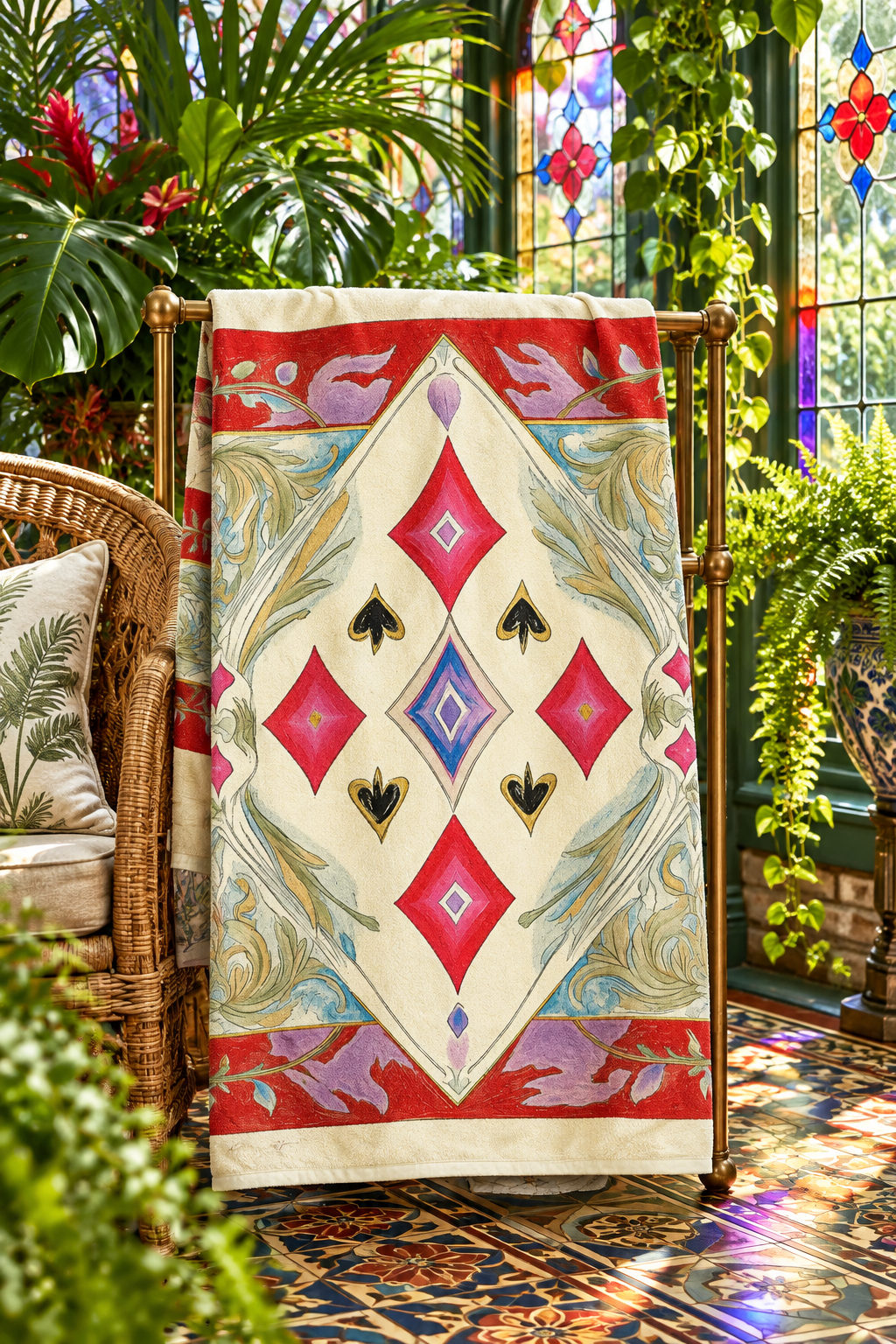 Artistic Geometric and Floral Diamond Bath Towel