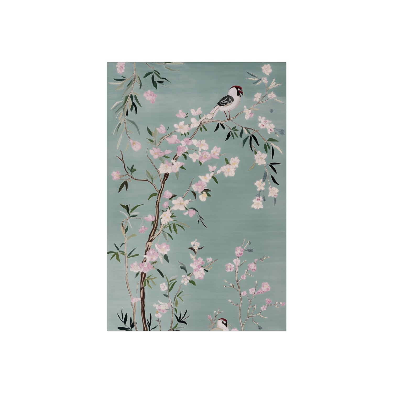 Green Chinoiserie Birds and Pink Cherry Blossom Fine Art Poster