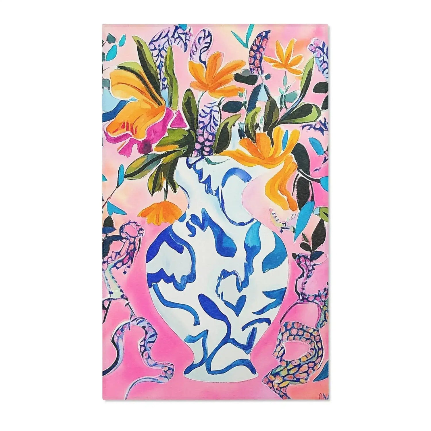 Vibrant Floral Bouquet in Blue Vase Accent Rug