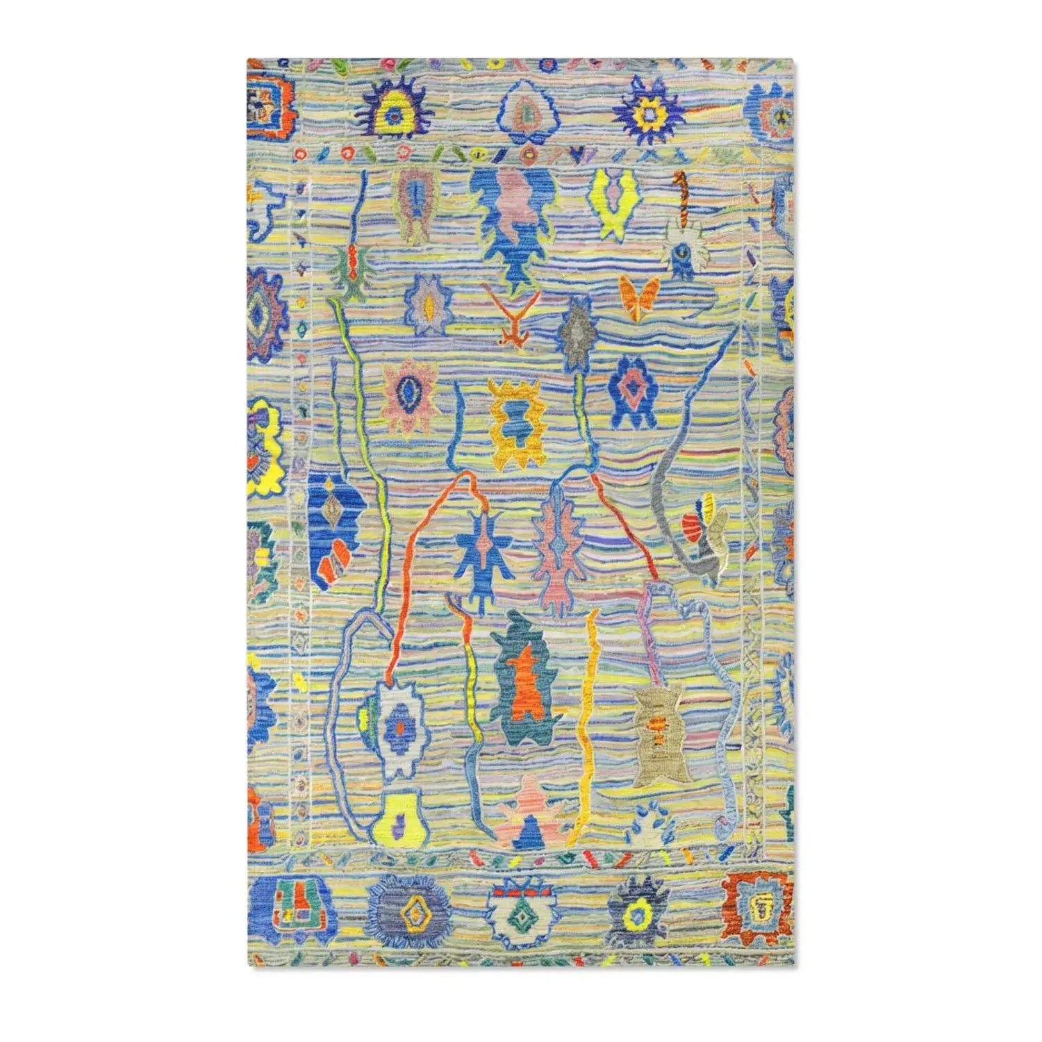 Vibrant Pastel Blue and Yellow Tribal Pattern Accent Rug