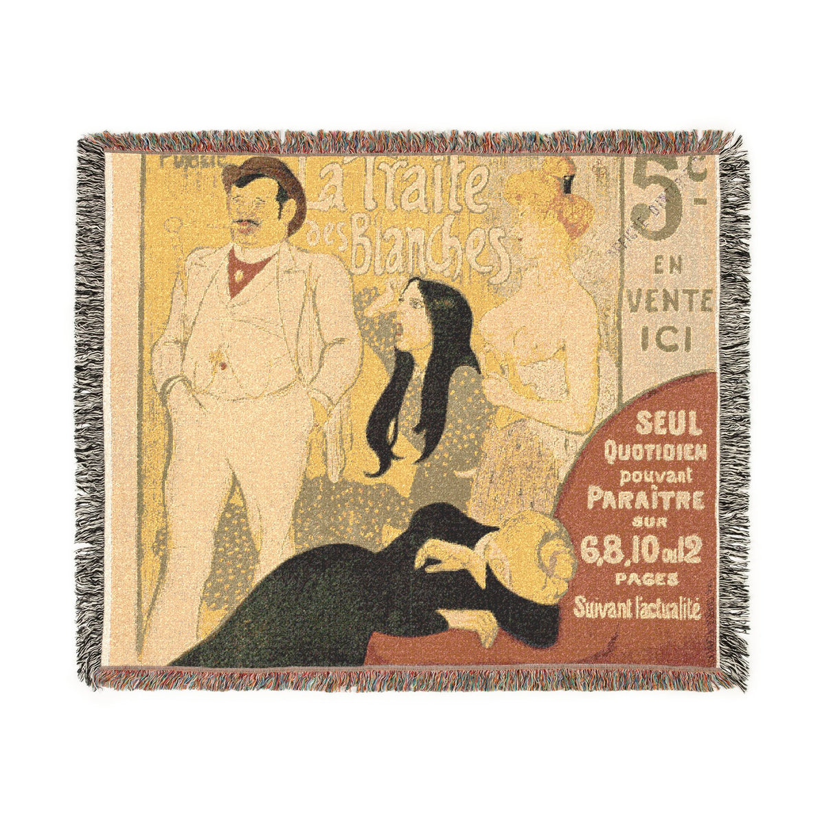 A square woven tapestry with fringed edges, featuring a vintage-style illustrated scene in muted beige, brown, black, and red tones. The design includes figures and French text, including 'a trace des blanches' and pricing information.