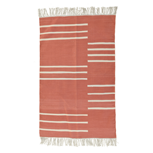Handwoven Orange and White Minimalistic Cotton Rug with Fringes