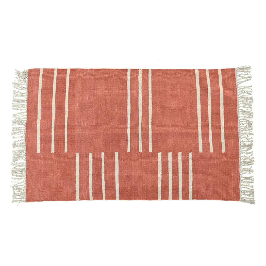 Handwoven Orange and White Minimalistic Cotton Rug with Fringes