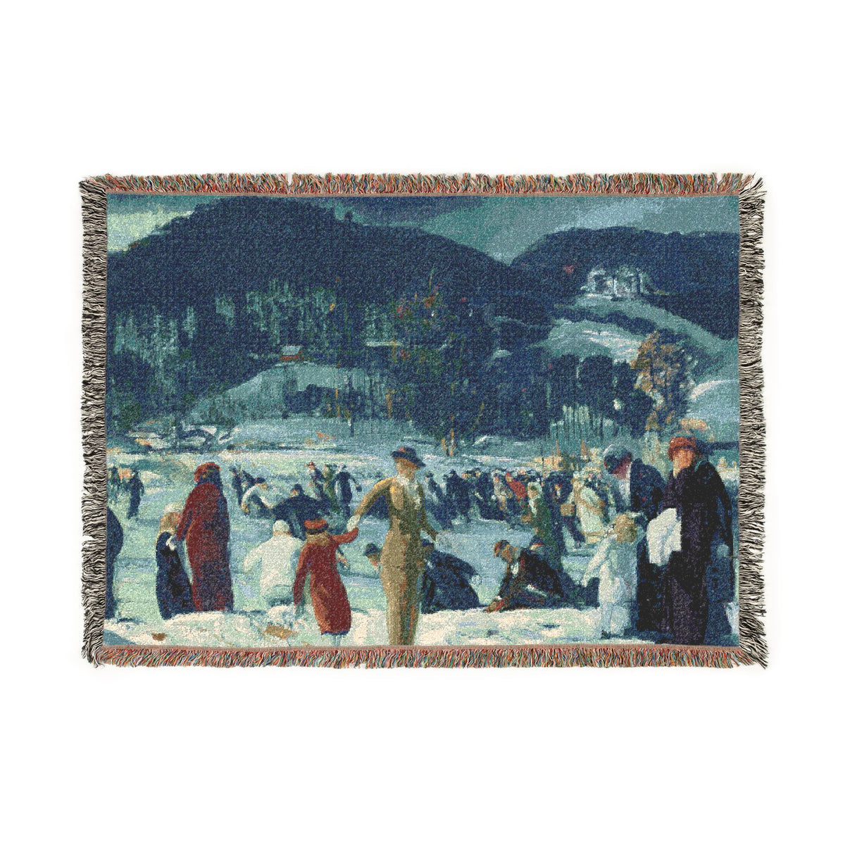 A woven tapestry featuring an artistic winter landscape scene of people ice skating on a frozen lake with dark forested hills in the background, finished with fringed edges.