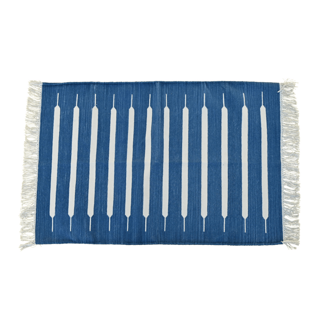 Handwoven Blue and White Mini Stripe Cotton Rug with Fringes