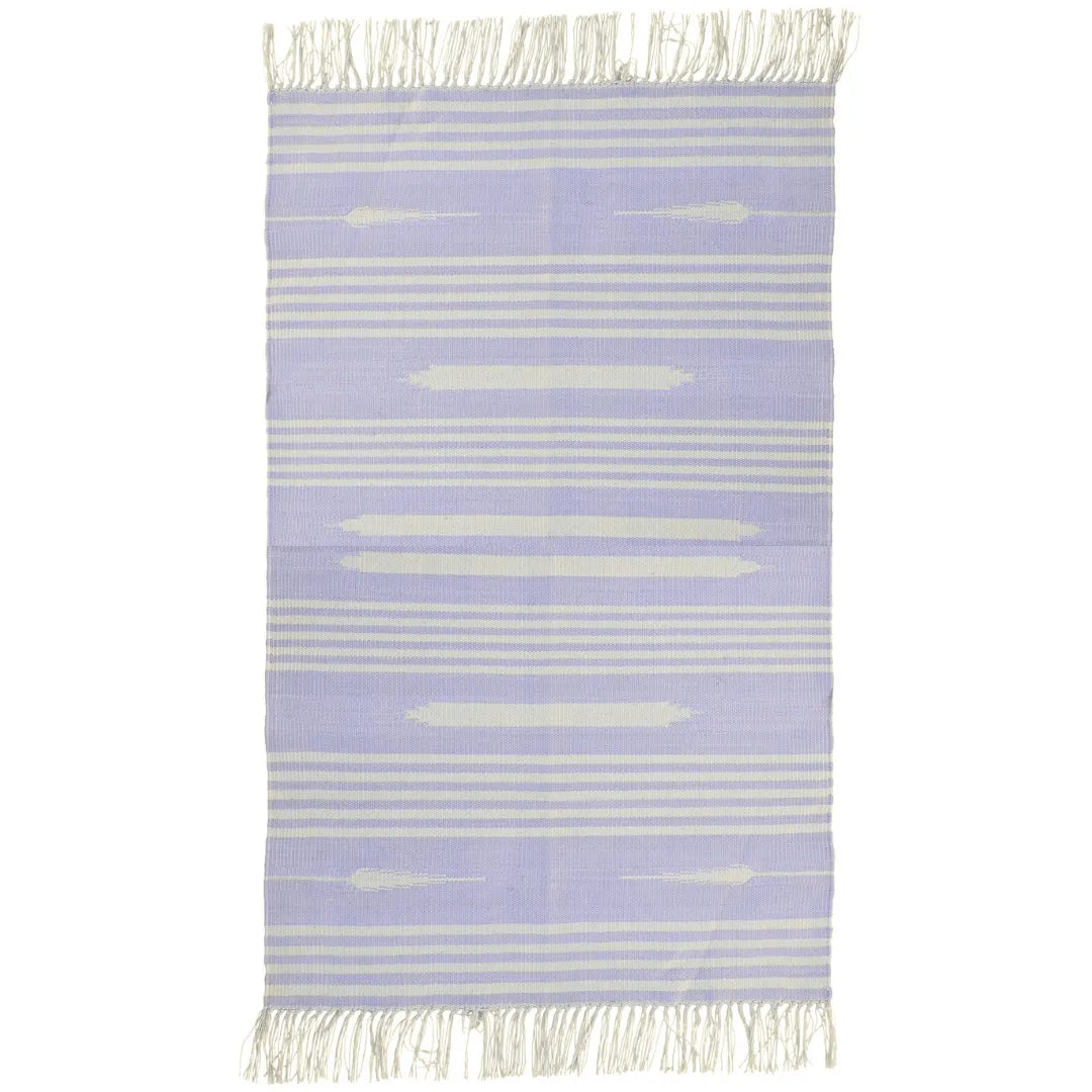 Handwoven Lilac and White Mini Stripe Cotton Rug with Fringes