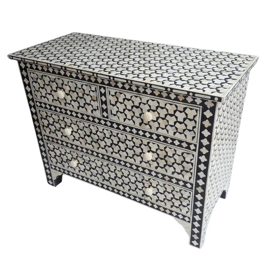 Embrace timeless beauty with the Targua Bone Inlay 4 Drawers Chest. Elevate your space with the Chic Lines 3 Drawers Chest. Make a statement with the Zebra Noir Bone Inlay 6 Drawers Chest. Transform your decor with the Botanical Blue Bone Inlay Coffee Table