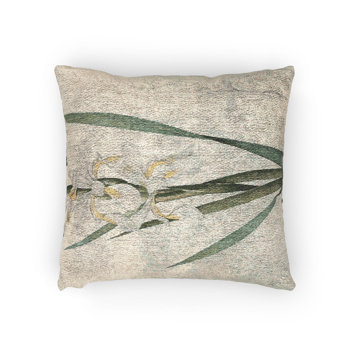 A square decorative throw pillow with a textured beige linen-like fabric, featuring a printed botanical design of green leaves and soft yellow accents on the front, set against a plain white background.