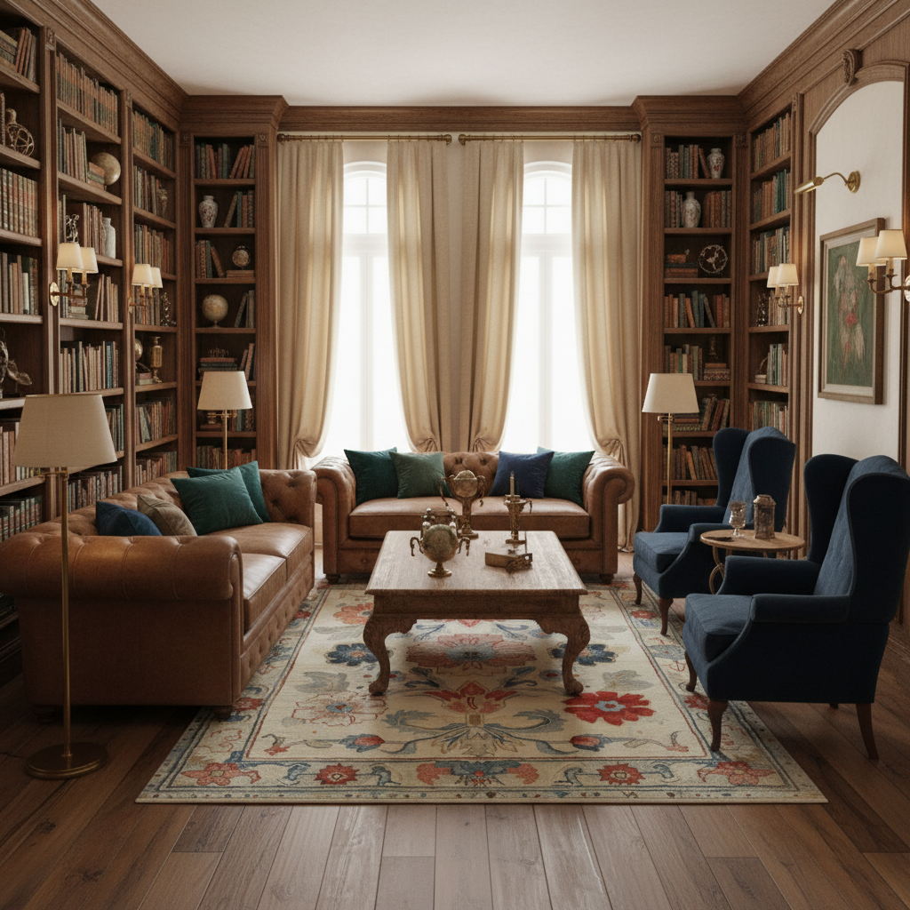 Cozy living room with brown leather sofa, blue armchairs, a traditional tufted wool rug, and bookshelves.
