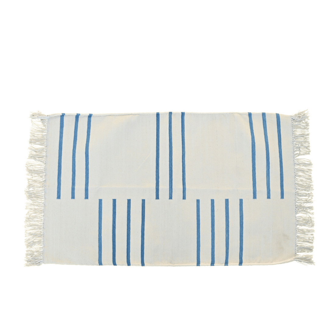 Add a touch of minimalist elegance to your space with the "Handwoven White and Blue Minimalistic Cotton Rug with Fringes." Its clean white backdrop adorned with subtle blue accents exudes modern sophistication, while the fringes provide a playful detail. Handcrafted with care, this rug brings a sense of calm and style to any room in your home
