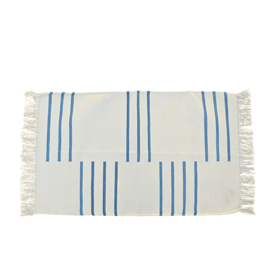Handwoven White and Blue Minimalistic Cotton Rug with Fringes