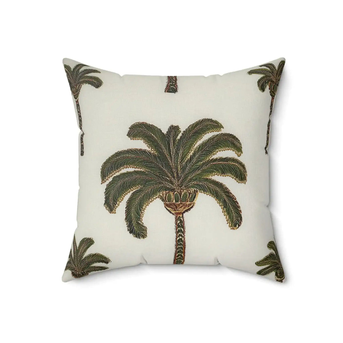 Decorative pillow with palm tree design on a white background