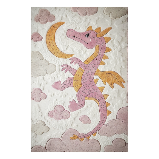 he Moonlit Baby Dragon Hand Tufted Rug: A whimsical design featuring a young dragon under moonlight. Hand-tufted with meticulous care, it adds a touch of magic and innocence to any room.