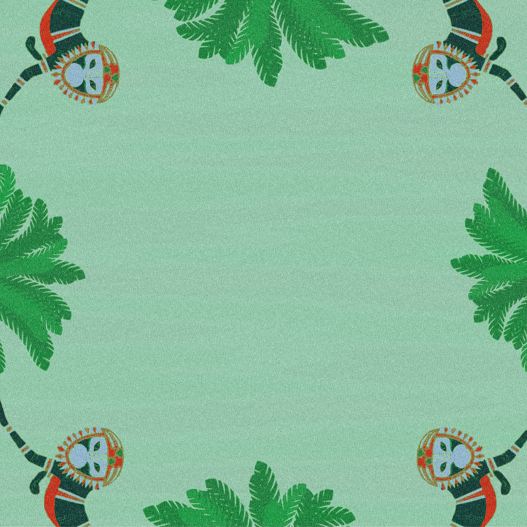 Monkeys and Palm Trees Hand Tufted Rug" - This charming rug features playful monkeys swinging amidst lush palm trees, hand-tufted with meticulous detail. Adding a tropical touch to any room, it infuses your space with a sense of whimsy and adventure, creating a delightful focal point for your decor.