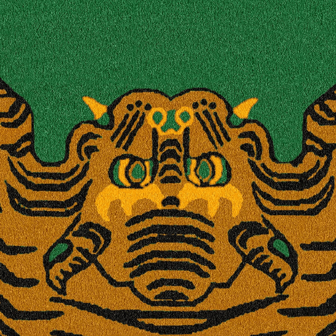 This contains a description of a round rug featuring a Yellow Tibetan Tiger design. The rug is hand-tufted and primarily green in color. 