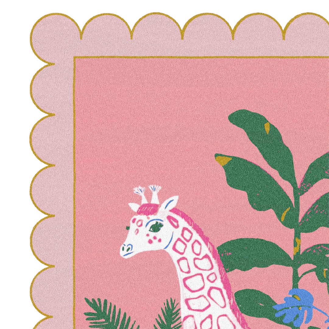  Elevate your living space with the whimsical charm of the Pink White Giraffe Tropic Scallop Hand-Tufted Rug. Meticulously crafted, this rug features a playful design incorporating pink and white giraffes amidst tropic-inspired scallop patterns. Hand-tufted with precision, the rug is soft to the touch and durable. 
