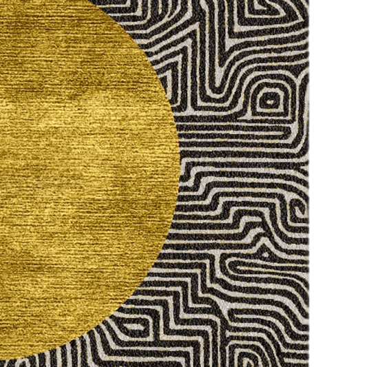 Three Golden Suns Maze Hand Tufted Wool Rug" - Immerse yourself in celestial allure with this captivating rug, boasting a maze design adorned with three golden suns. Hand-tufted from luxurious wool, it adds a touch of mystique and sophistication to any room, creating a focal point that invites exploration and contemplation. Perfect for those seeking to infuse their space with cosmic inspiration, this rug serves as a radiant centerpiece, illuminating your decor with its celestial charm.