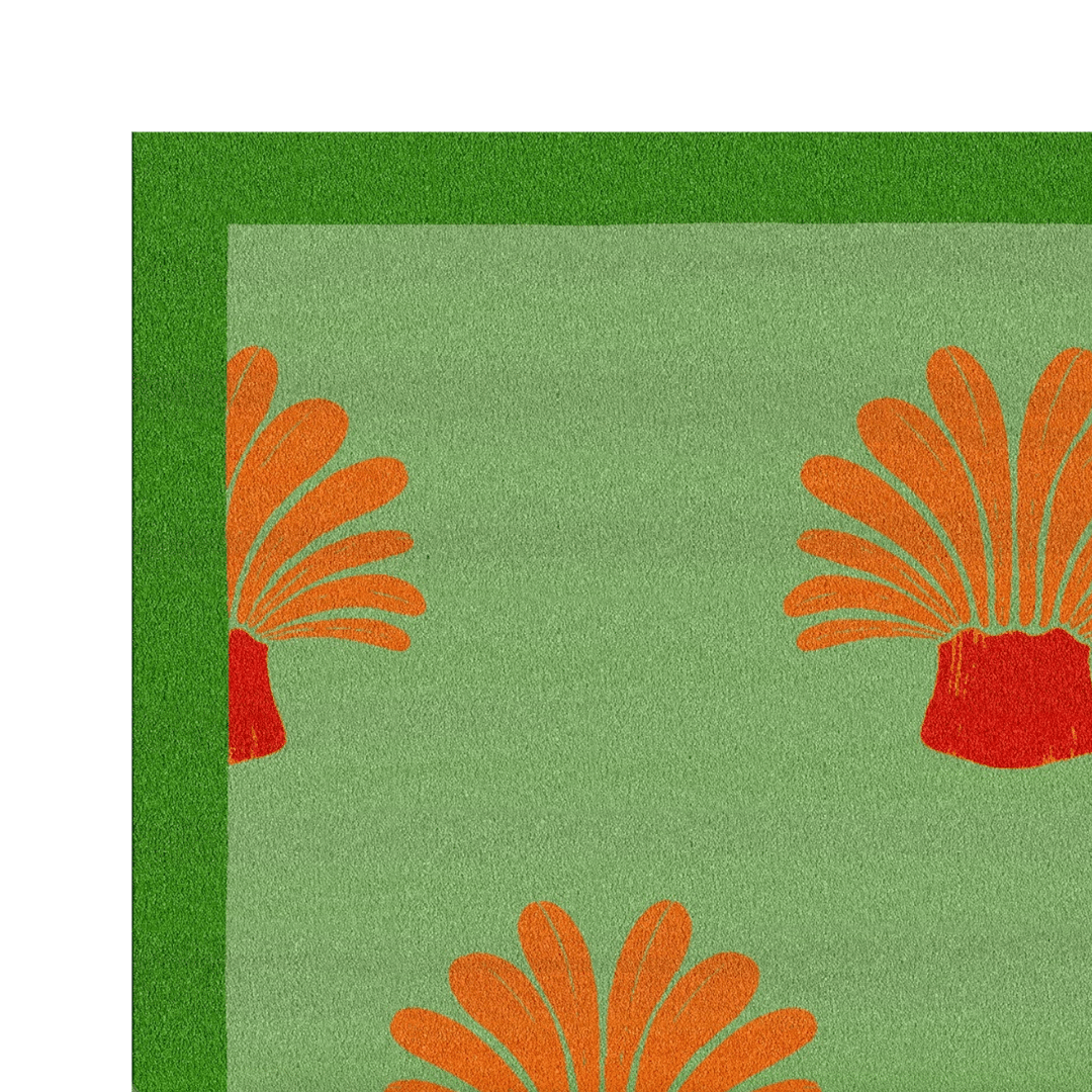 The Orange Palm Trees Green Tufted Wool Rug is a vibrant and tropical-inspired rug that brings a touch of exotic flair to your living space. Crafted with precision and care, this tufted wool rug features a design that showcases orange palm trees against a lush green background.