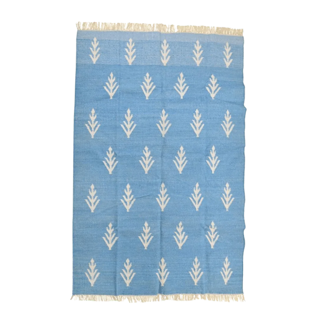 Handwoven White Floral Blue Cotton Rug with Fringes