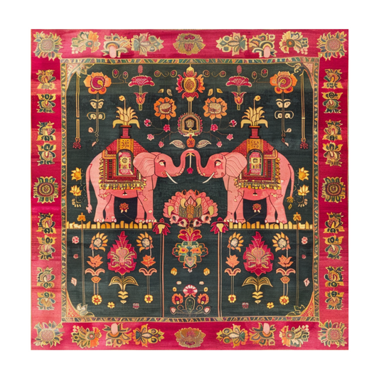 Introducing our exquisite "Royal Elephants Tapestry Wool Hand Knotted Area Rug," a testament to timeless elegance and cultural richness. Crafted with meticulous artistry, this traditional rug boasts a warm red outline accentuating bold ethnic floral motifs that speak volumes of heritage and tradition