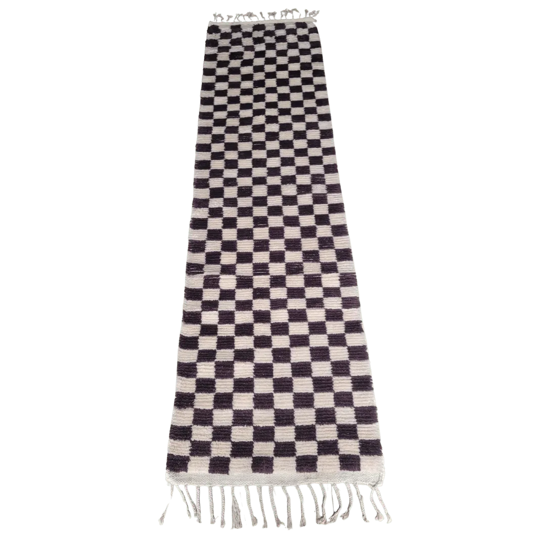 Handwoven Checker Wool Rug with Tassels - Dark Brown and White