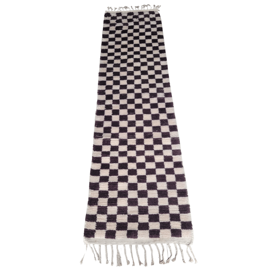 Handwoven Checker Wool Rug with Tassels - Dark Brown and White