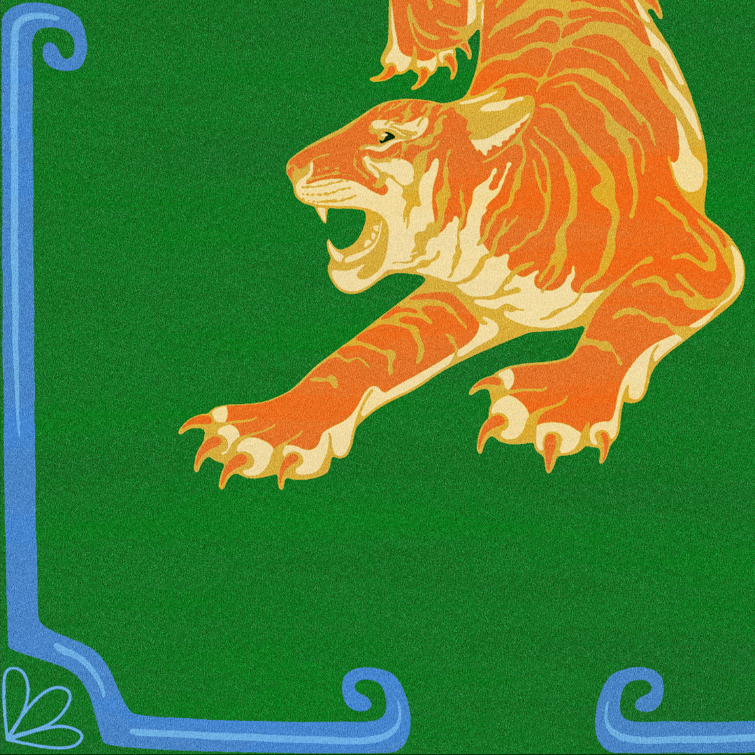 Orange Tiger Green Hand Tufted Rug - Left" - A captivating rug featuring a majestic tiger against a lush green background. Hand-tufted for precision, it adds exotic charm and sophistication to any space.
