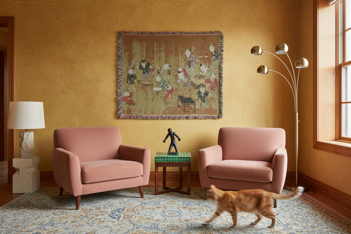 A rectangular woven throw blanket with fringed edges, featuring a vintage-style illustration of figures in traditional clothing on a warm brown and beige background.
