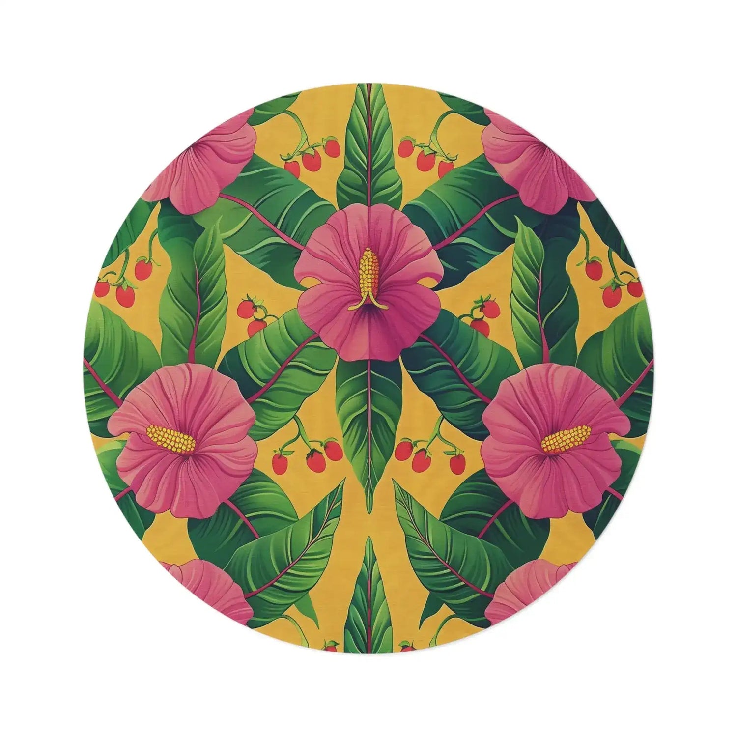 Vibrant Tropical Hibiscus and Cherry Floral Round Rug