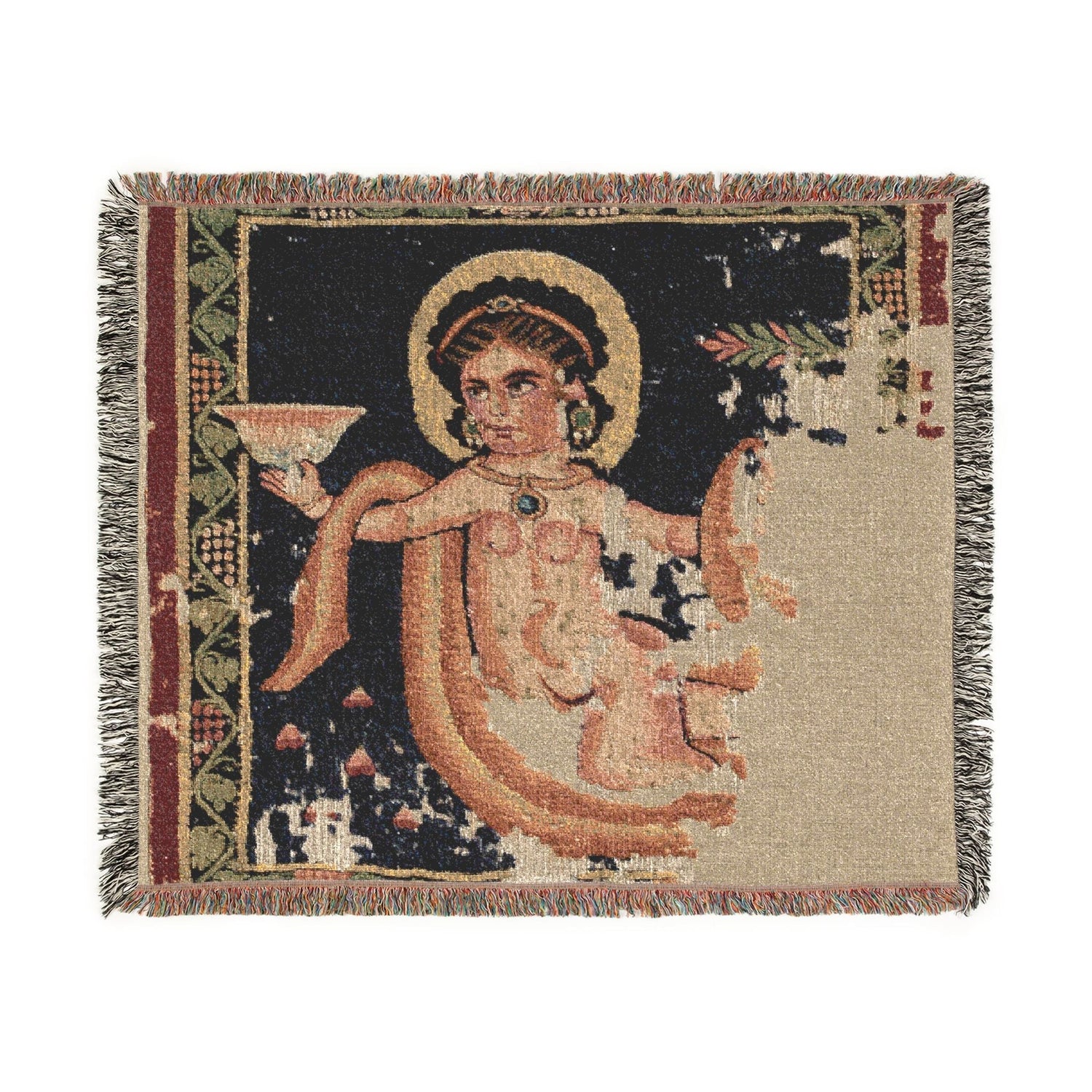 A square woven textile with fringe on all sides, featuring a vintage-style illustration of a haloed figure in warm beige, peach, green, and dark navy tones on a cream background.