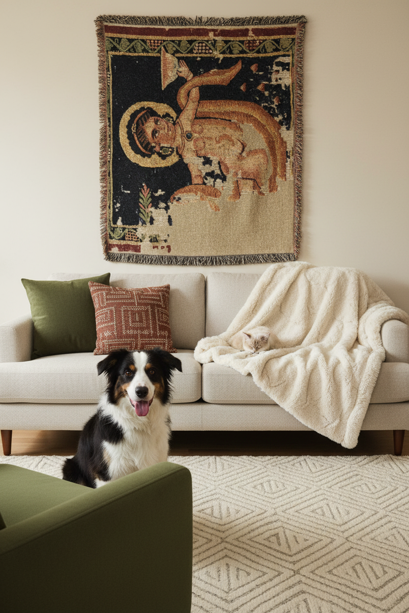 A woven wall tapestry featuring a classical figure with a halo, displayed above a beige sofa in a living room setting with a dog and a cat.