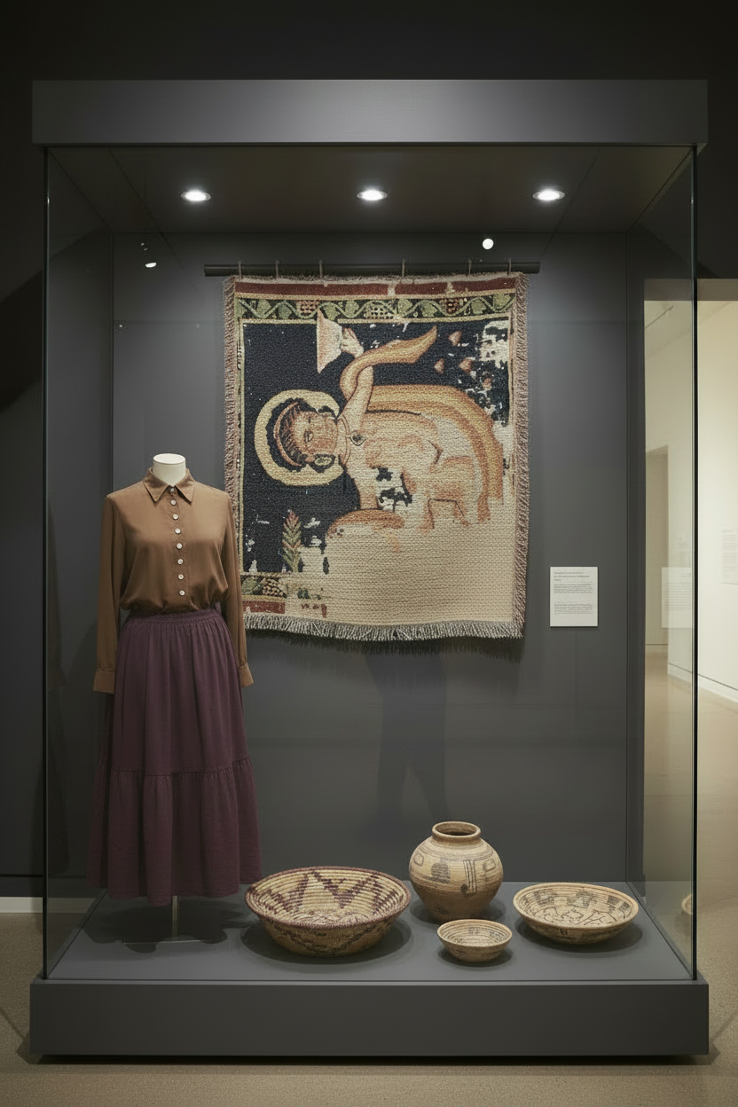 A glass display case in a museum or gallery setting showcasing a medieval-style textile tapestry hanging on a dark gray wall, alongside a mannequin dressed in a brown blouse and purple skirt, with several small decorative pottery vessels and bowls displayed below.