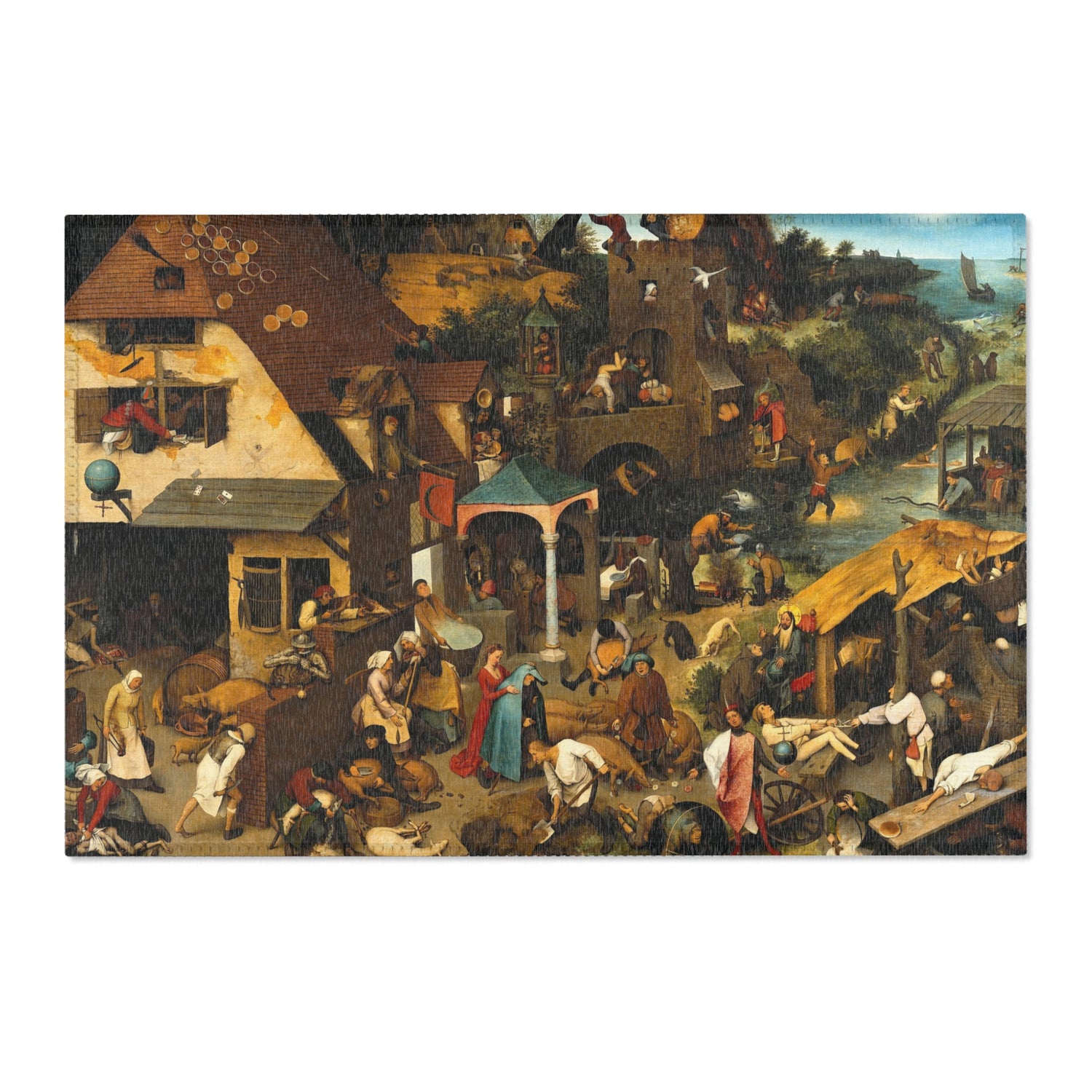 A rectangular art print or canvas featuring a detailed Renaissance-style scene with many figures, buildings, market stalls, and landscape elements, shown against a plain white background.