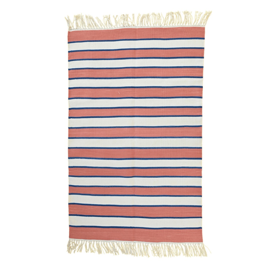 Handwoven Peach and White Stripe Cotton Rug with Fringes