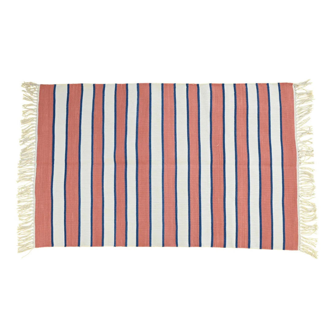 Handwoven Peach and White Stripe Cotton Rug with Fringes