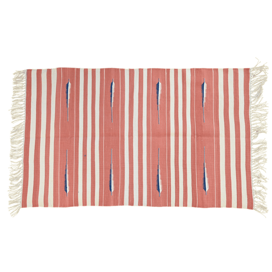 Handwoven Peach and White Tear Drop Cotton Rug with Fringes