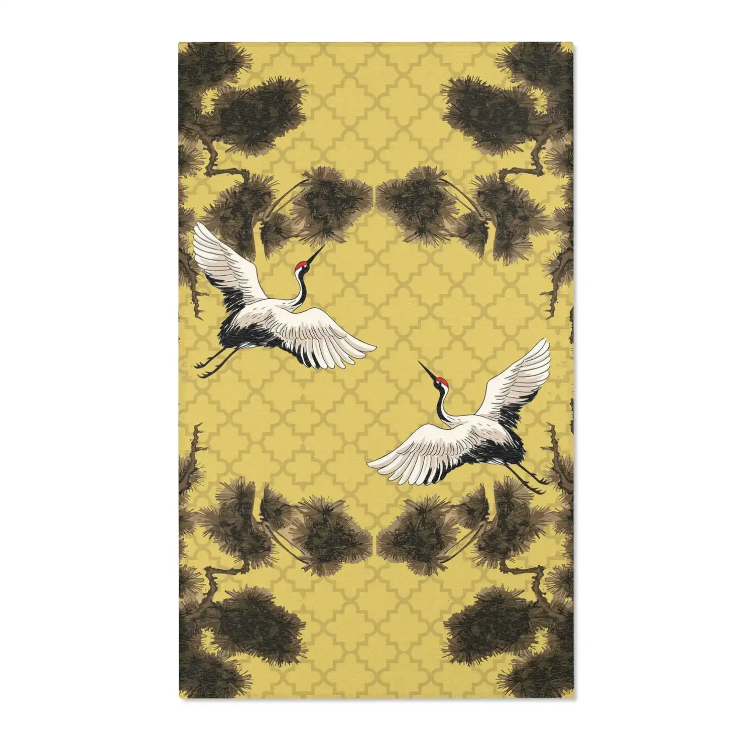 Dancing Cranes on Golden Lattice Accent Rug