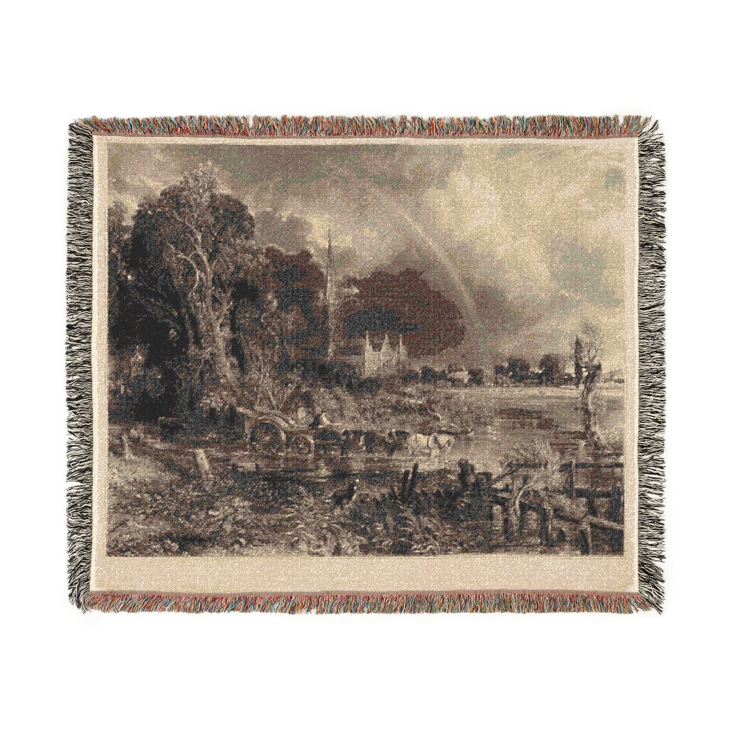 Salisbury Cathedral from the Meadows the Rainbow - David Lucas Tapestry Blanket