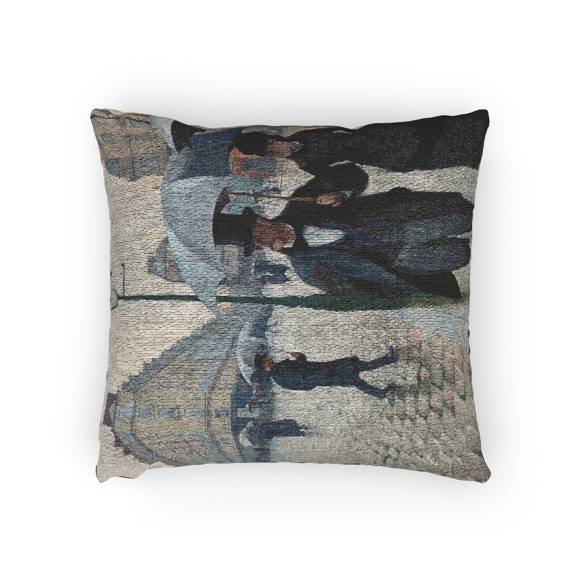 A square decorative throw pillow featuring a woven or printed artistic design of figures in a snowy outdoor scene, shown against a plain white background.