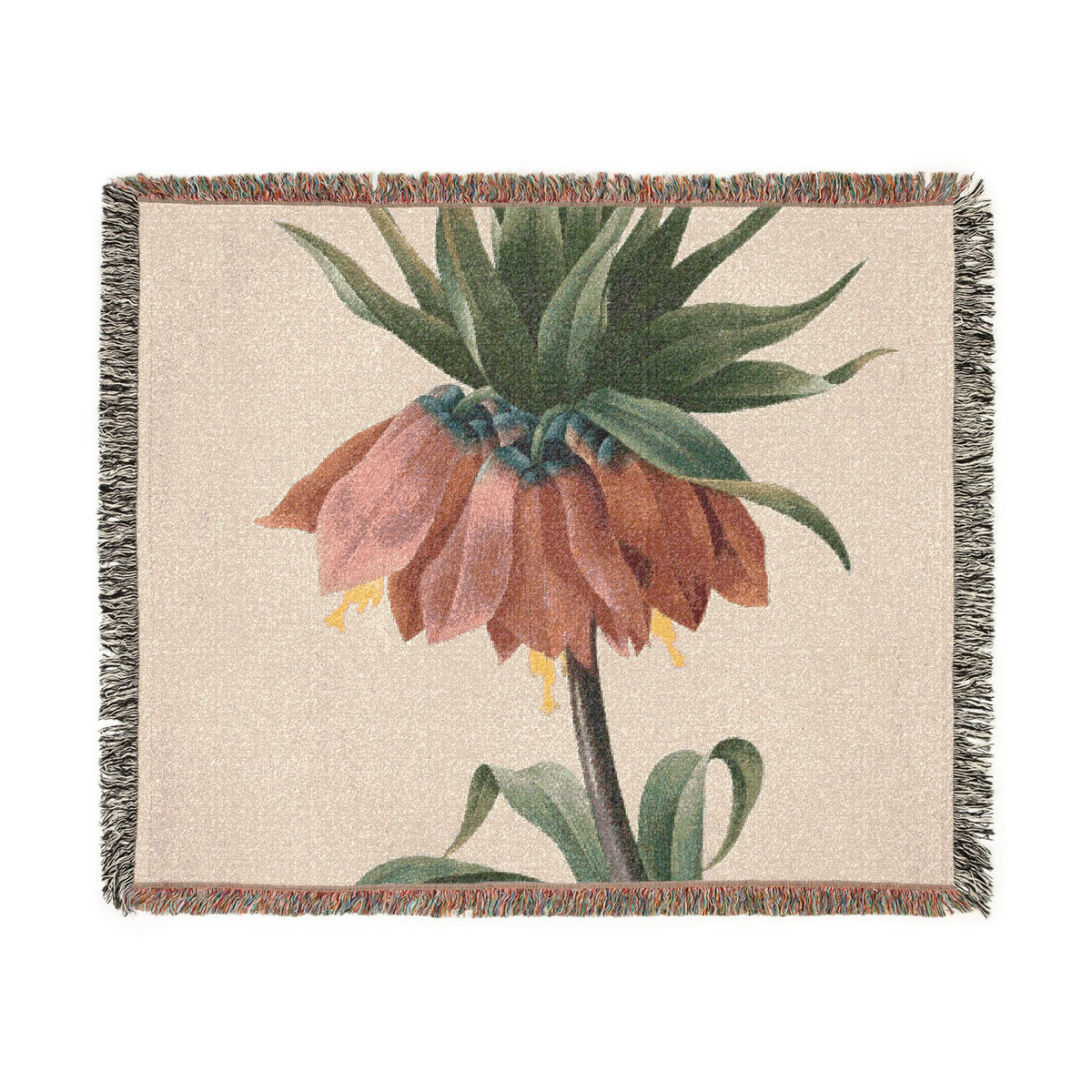 A woven throw blanket featuring a botanical illustration of a crown jewel flower with dusty pink petals and green leaves on a cream background, finished with fringed edges.